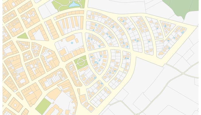 Imaginary cadastral map of an area with buildings and streets to help someone find property lines