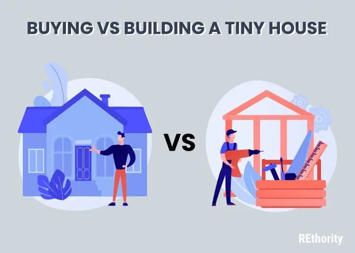 Buying vs Building a tiny house graphic including two vector images of someone standing in front of a tiny house vs building one