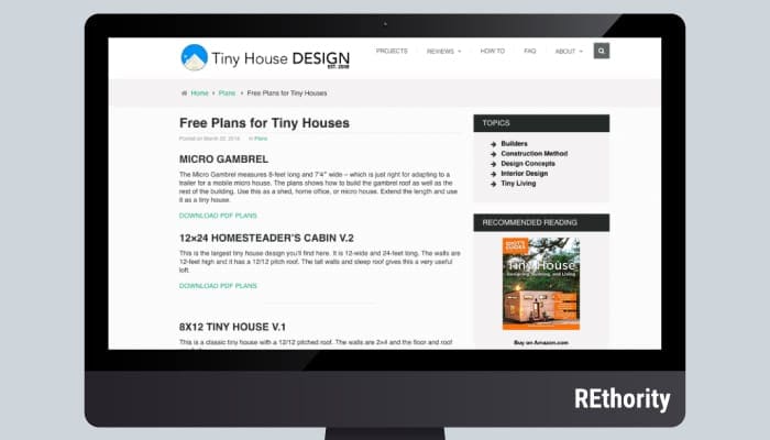 Screenshot of the tiny house design website showing free tiny house plans