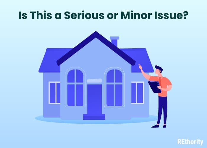 Vector image of an inspector standing outside a house with the title is this a serious or minor issue
