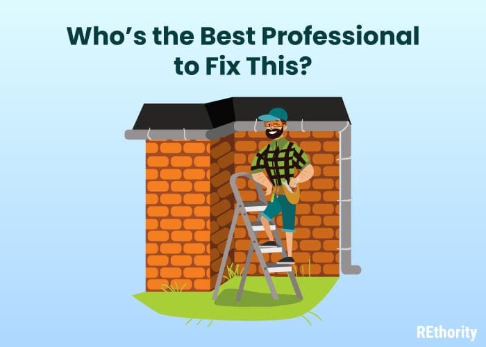 Vector image of a repairman standing on a ladder fixing a wall