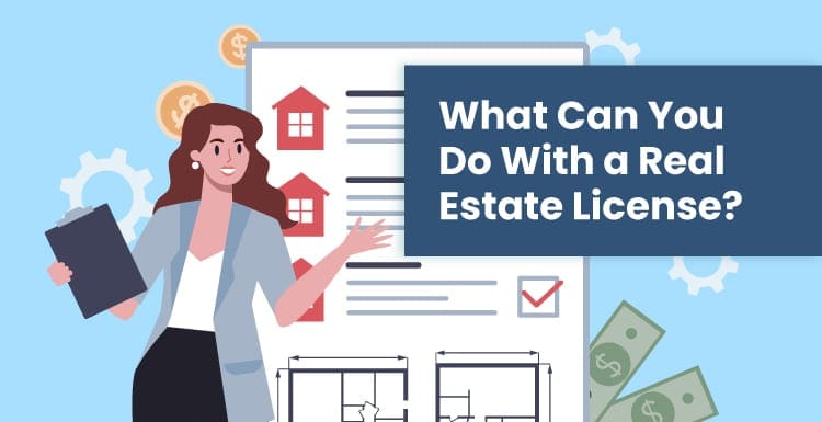 What can you do with a real estate license graphic featuring a woman in a business suit, home blueprints, and money in the background