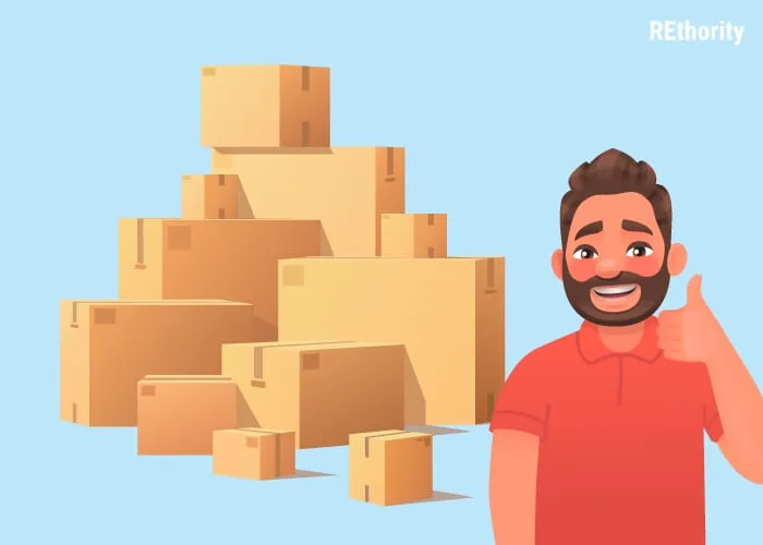 Graphic of a man giving a thumbs up in front of a pile of cheap moving boxes