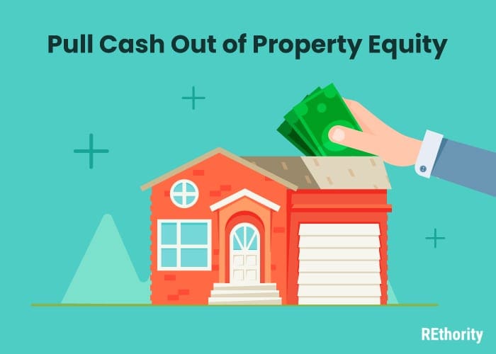 A hand with money above an illustrated house and the title pull cash out of property equity