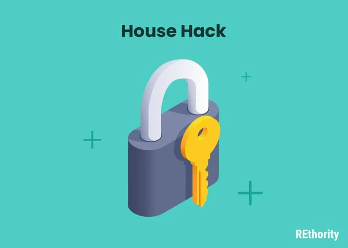 vector image of a padlock and key against green background titled house hack