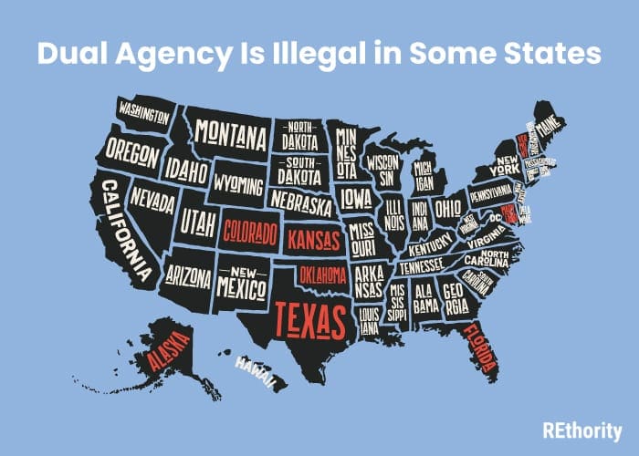 A few states in which dual agency is illegal displayed on a graphic