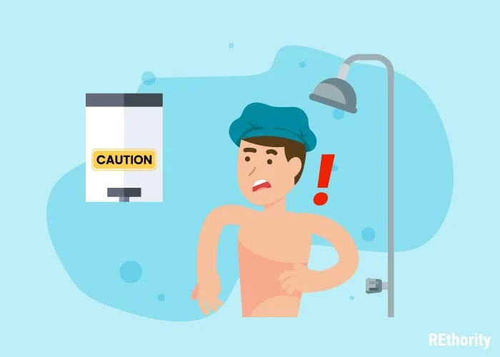 Man in a shower cap with a caution sign above his head symbolizing the problems you can encounter installing a water heater diy