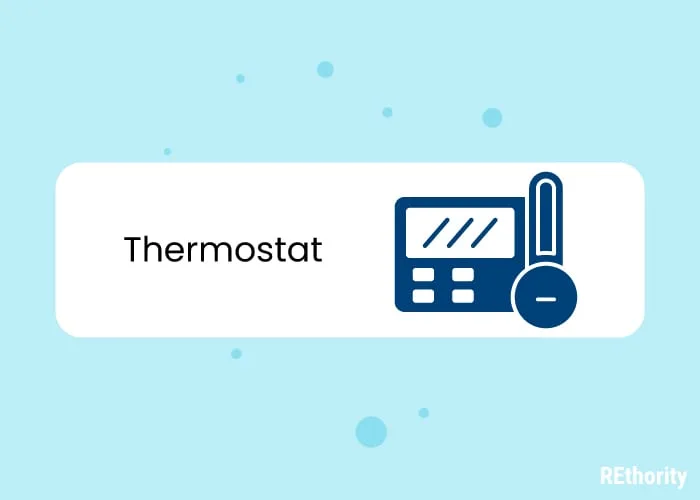 Illustrated thermostat and temperature gauge against blue background
