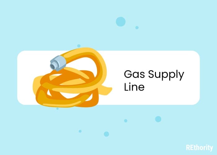 An illustrated gas supply line in yellow sits against a light blue backdrop with the words gas supply line next to it