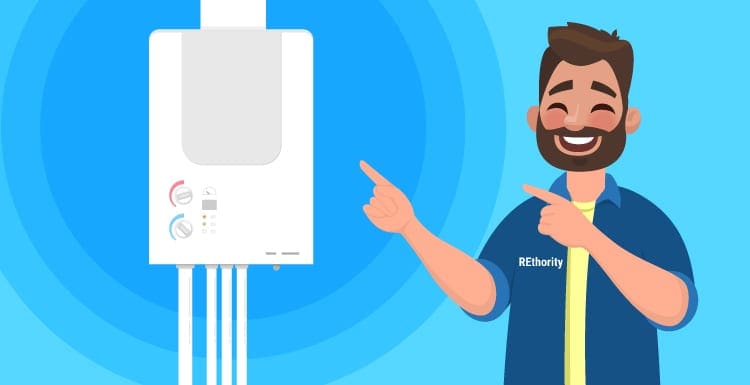Best tankless water heater graphic featuring a guy in a rethority shirt pointing at a tankless water heater and smiling