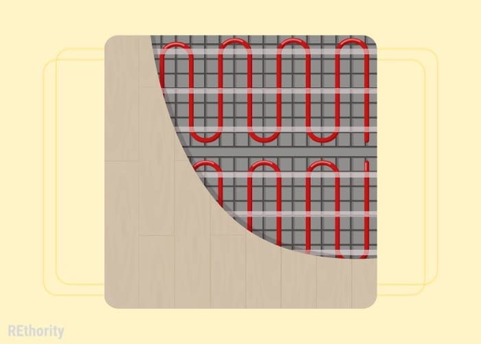 Graphic showing a radiant floor heater piped under a floor