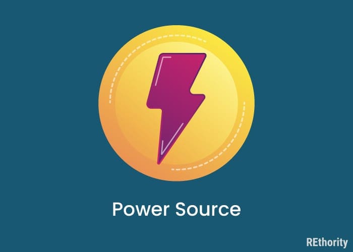 Graphic that says power source below a circle around a red lightning bolt