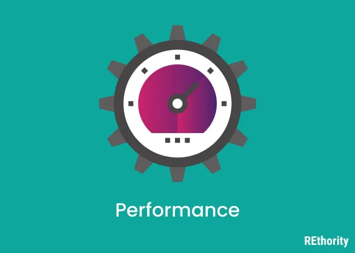 Performance illustrated with a cog and a dial against a green background