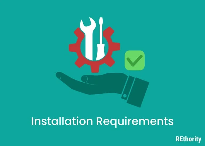Installation requirements with a hand holding a checkmark and tools