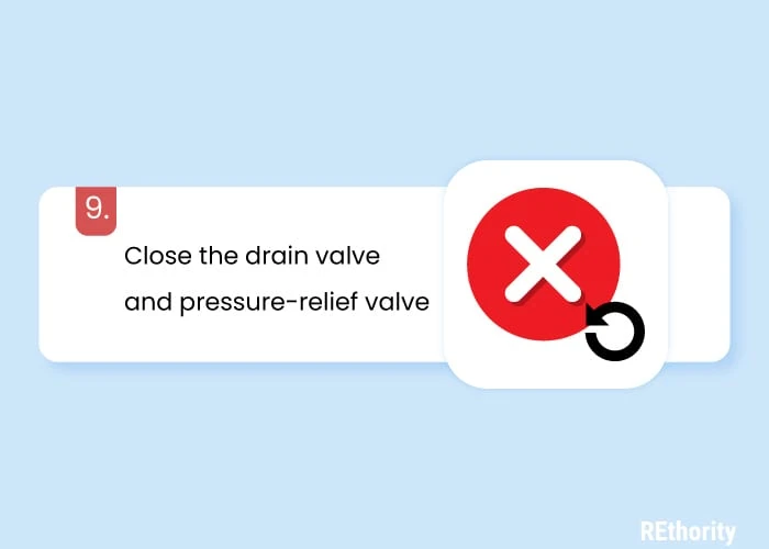 Image showing step 9 in the how to drain a water heater process instructing the reader to cloe the drain and pressure-relief valve