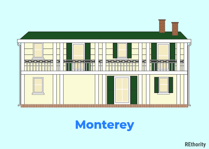 A monterey home illustrated against a blue background