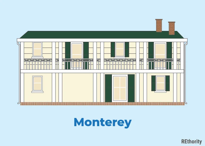 A monterey home illustrated against a blue background