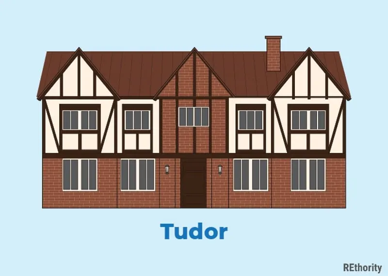 A brown tudor style home illustrated against a blue background