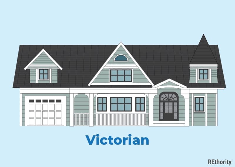 Victorian home illustrated in a vector style against a blue background