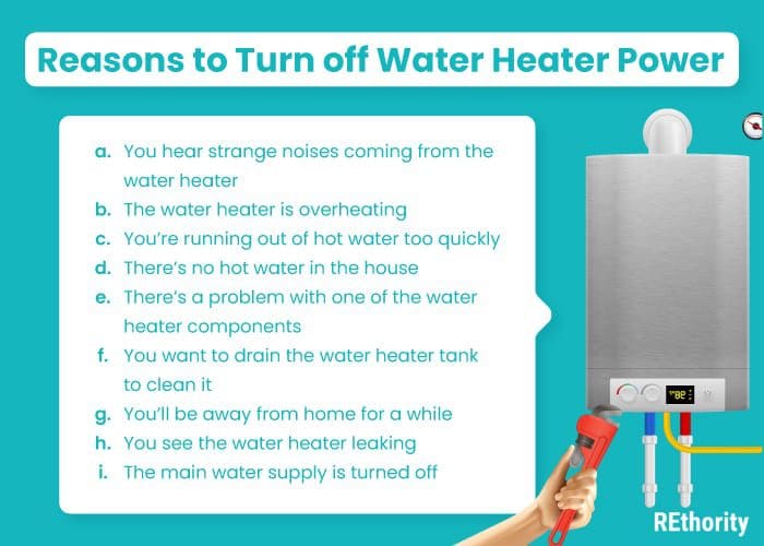 Reasons to turn off water heater power listed in list form next to a graphic of a person turning off a water heater
