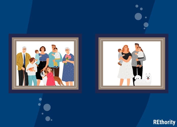 Two different families inside frames symbolizing what different needs may be for several families