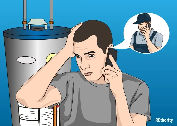 Man on the phone with a plumber in the thought bubble of an illustration of a man standing in front of a water heater