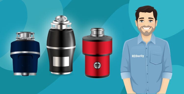 Featured image showing the best garbage disposals in graphical form floating next to a guy in a REthority shirt