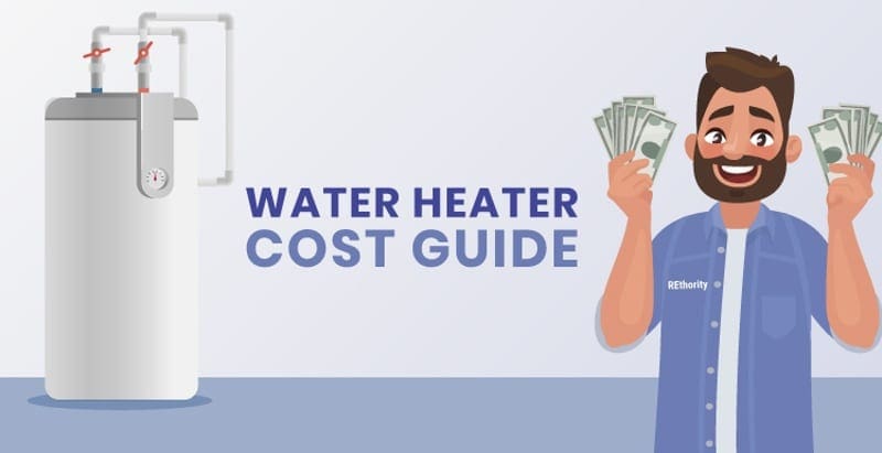 Water Heater Cost Guide featured image showing those words next to a guy in a REthority shirt holding cash up in both hands against a graphical plain background