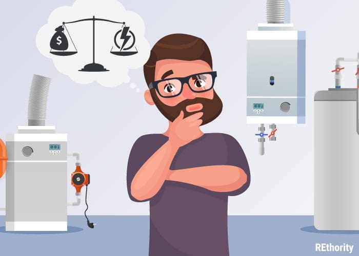 A brunette man in glasses contemplating which type of water heater he wants to buy
