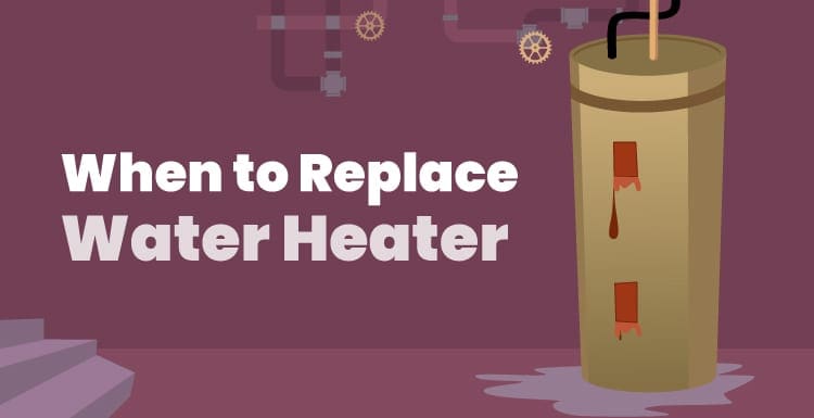 Featured image titled When to Replace Water Heater with the appliance looking awfully rusty and sitting next to the title