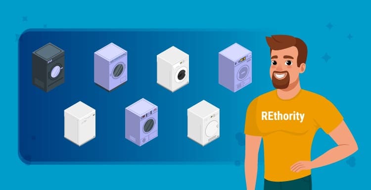 Graphic of a man in a REthority shirt standing in front of the best washer and dryer sets, all displayed in graphical form