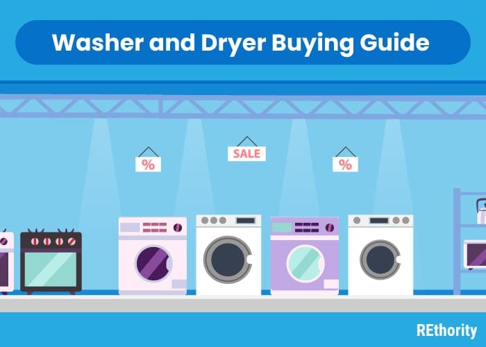 Image showing various stackable washer and dryer units on the showroom floor below the words Washer and Dryer buying guide