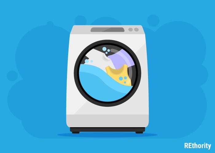 A front load washer graphic against blue bubble background