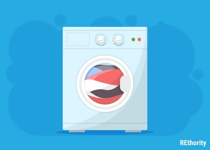 A front load modern dryer against a blue bubble graphic background