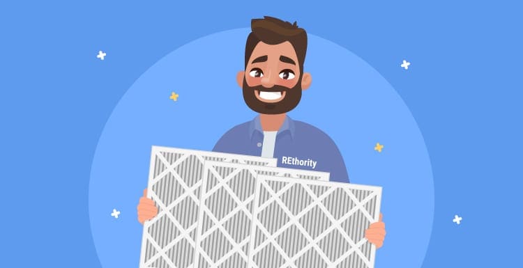 Featured image for a piece on the best furnace filters showing a graphical image of a smiling brunette man in a REthority shirt holding a number of filters in his hands