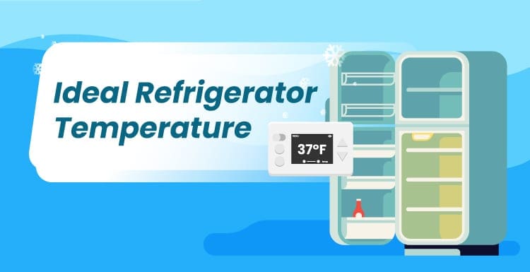 Ideal refrigerator temperature graphic featuring a fridge a a temperature gauge along with the interior of the appliance
