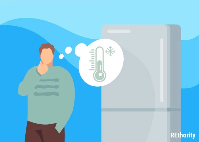 Graphic of a person standing next to a refrigerator wondering what the ideal temperature should be on the interior