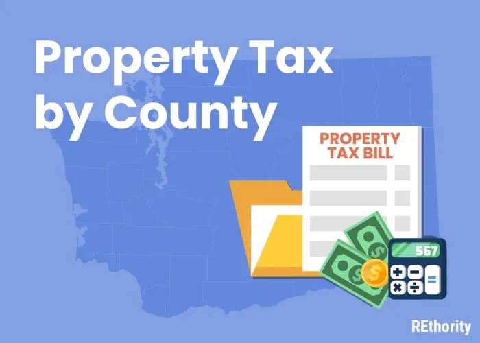 Property tax by county featured image showing a bunch of counties in back of a property tax bill, a manila file, and some money alongside a calculator