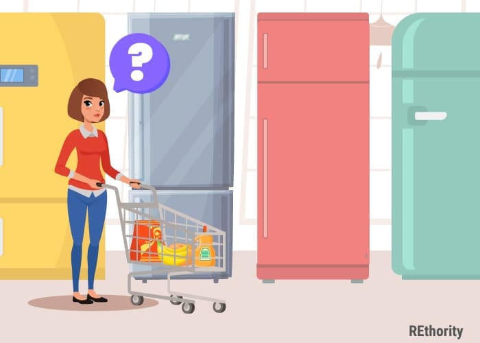 A shopper with a grocery cart confused because she is overwhelmed by the amount of refrigerator brands to pick from
