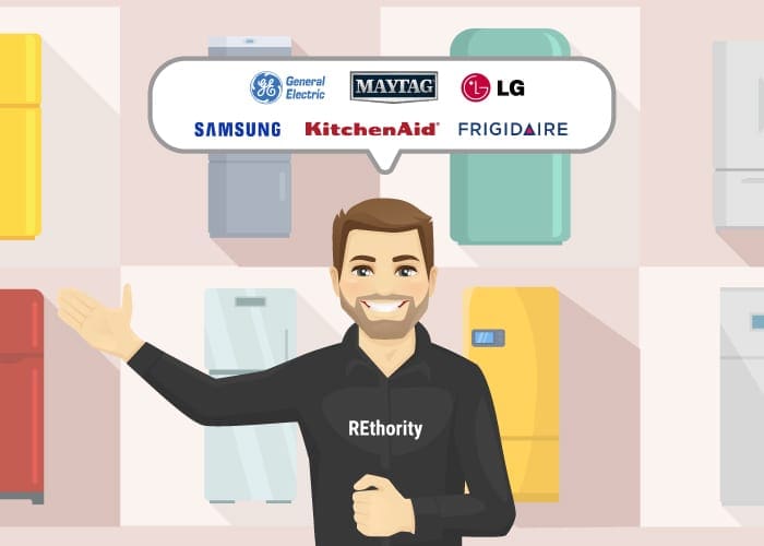 Someone in a REthority shirt smiling and waving and in a speech bubble explaining what the best refrigerator brands are