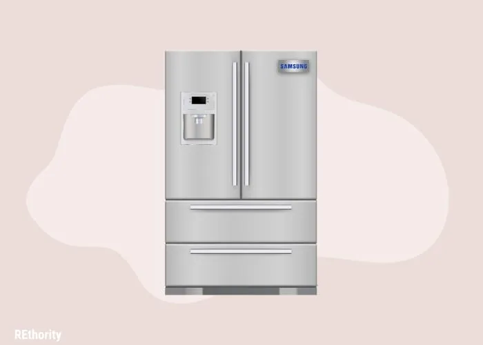 A samsung branded fridge shown in graphic form against a simple pink background