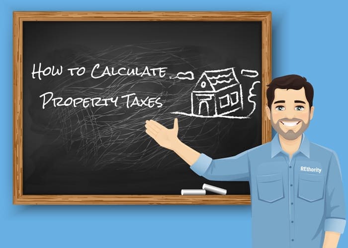 Guy in a REthority shirt holding up his hand and pointing at an image on how to calculate property taxes against blue background