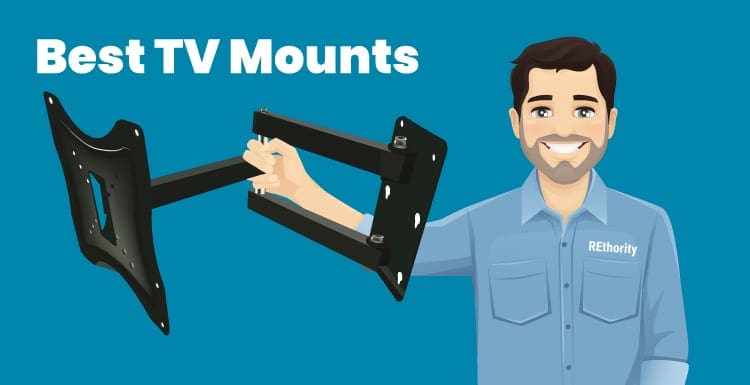 Image that says Best TV Mounts and shows a guy in a REthority shirt holding a pivoting tv stand