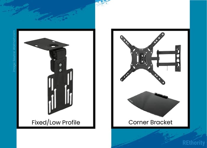 Corner/low-profile tv mount types illustrated against a blue gradient background