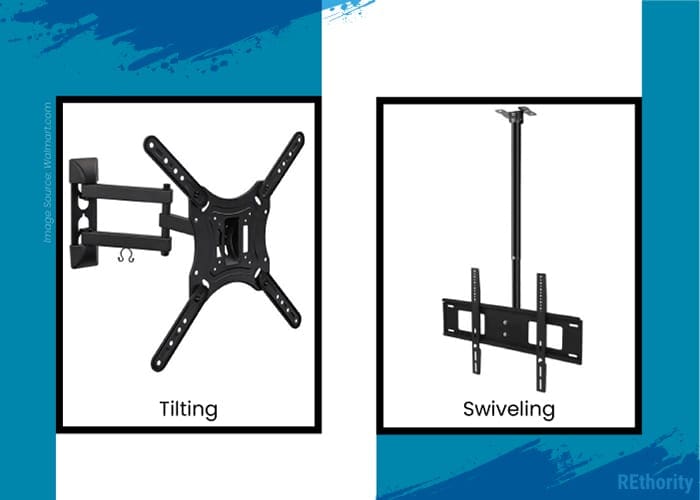 TIlting and swiveling tv mounts in a side by side image on a blue background