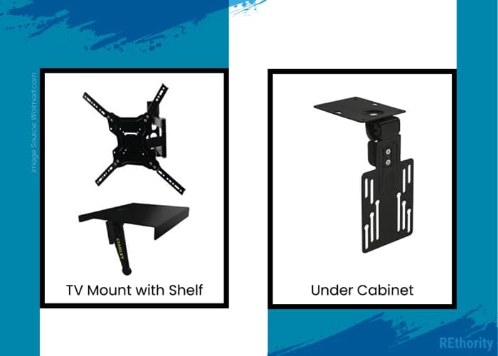 TV mount with shelf and under-cabinet tv mount displayed in a side by side image with a blue background