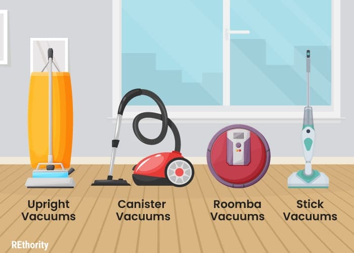 Four different types of vacuums for hardwood floors illustrated into a simple graphic