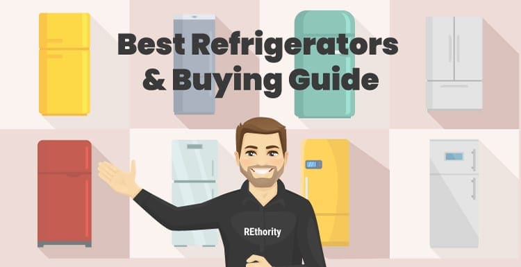 Image with a man in a Rethority shirt standing in front of a bunch of fridges below the words best refrigerators and buying guide