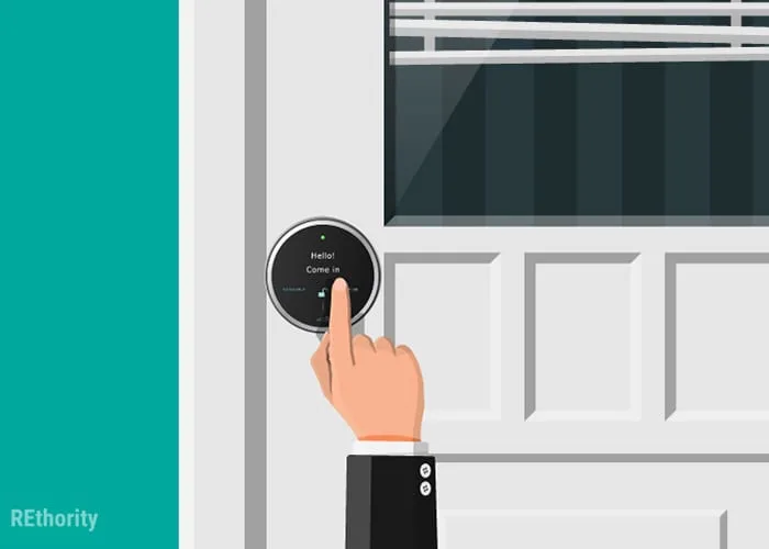 A hand pressing a biometric keypad to unlock it as an image for a piece on the best keyless door locks