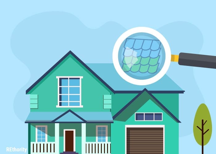 To answer the question how much does a new roof cost I made a graphic showing a person holding a magnifying glass to inspect the type of shingles